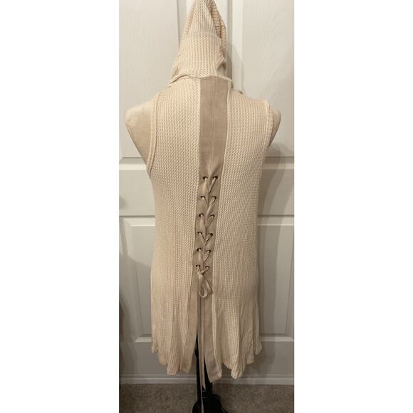 NWT Vocal Women's Cream Waffle Knit Hoodie Vest with Lace Up Back Details, S - Picture 4 of 5